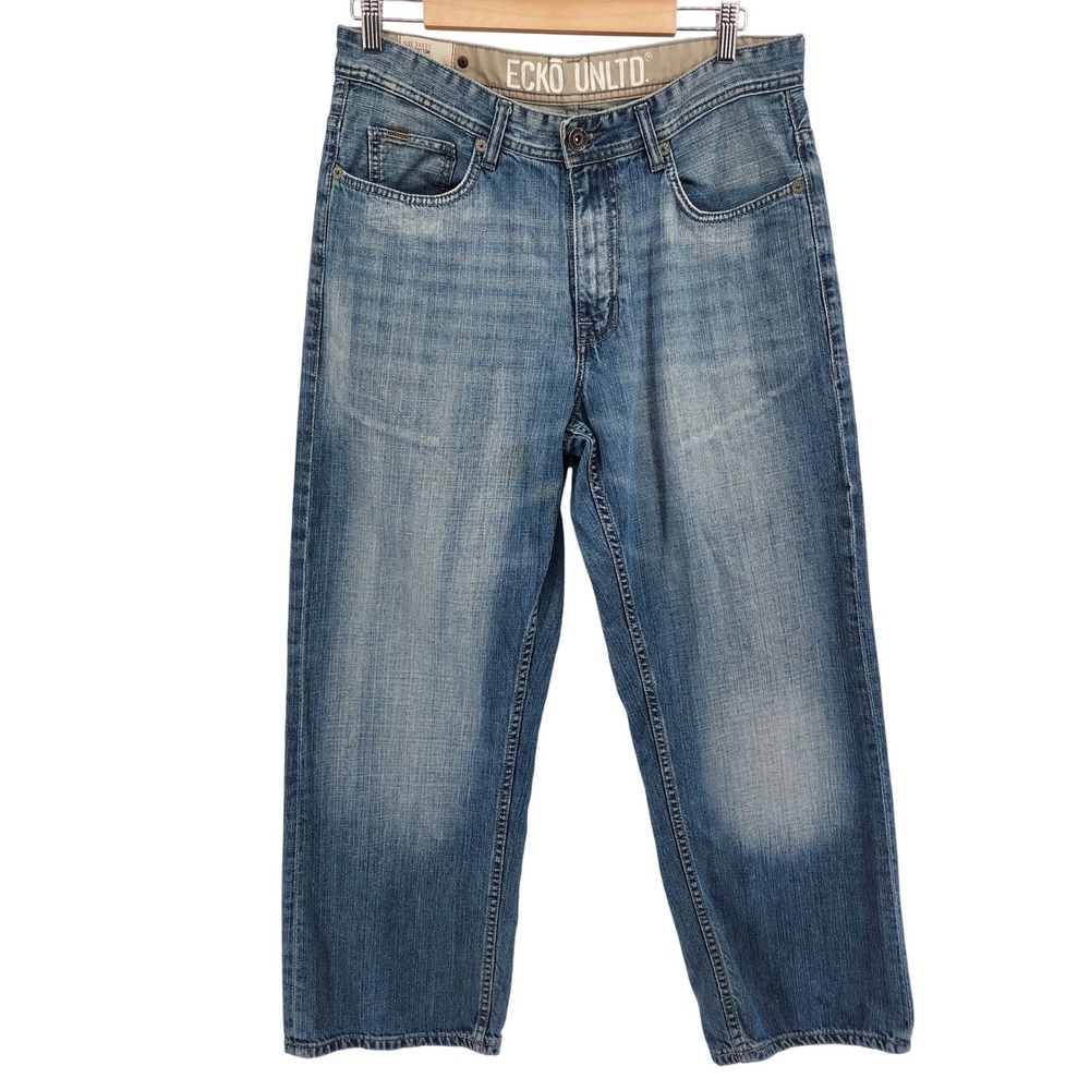 Ecko Unltd Relaxed Jeans 34x29 Blue Denim Wide Leg Streetwear Faded